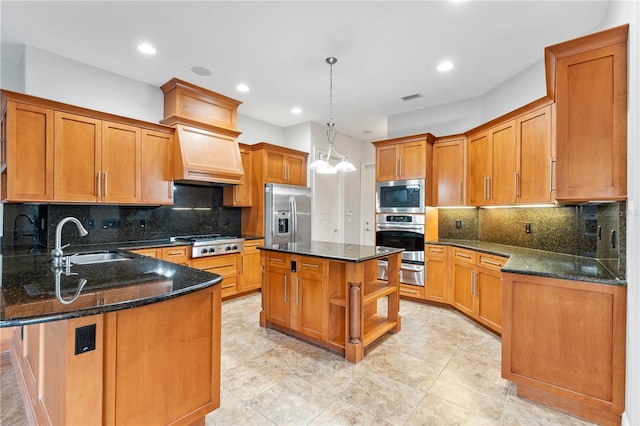 15104 Azra Dr, Odessa, FL 33556 - kitchen featuring stainless steel appliances, a sink, a warming drawer, dark stone counters, and decorative backsplash