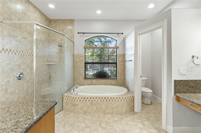 15104 Azra Dr, Odessa, FL 33556 - full bathroom featuring a shower stall, toilet, tile patterned floors, a bath, and vanity
