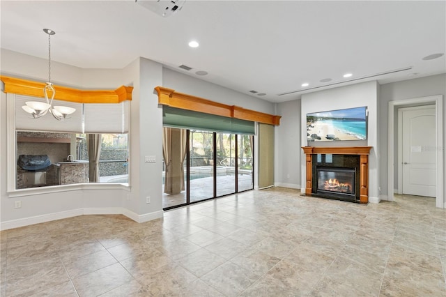 15104 Azra Dr, Odessa, FL 33556 - unfurnished living room featuring a fireplace with flush hearth, a chandelier, recessed lighting, and baseboards