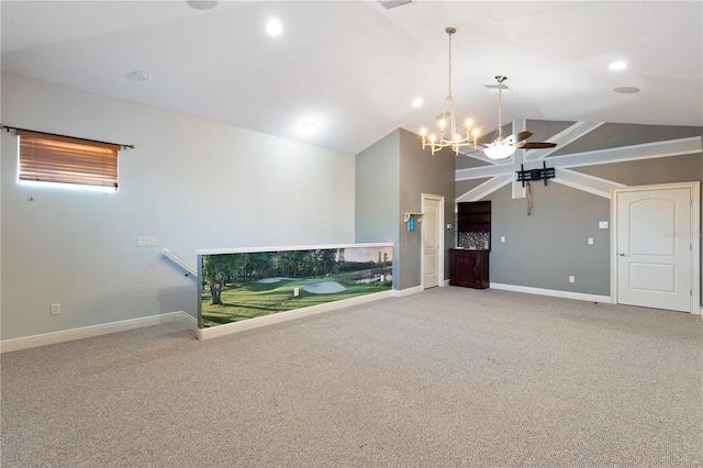 15104 Azra Dr, Odessa, FL 33556 - unfurnished living room featuring lofted ceiling, a chandelier, carpet flooring, baseboards, and ceiling fan