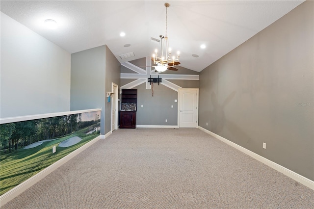 15104 Azra Dr, Odessa, FL 33556 - unfurnished living room featuring lofted ceiling, a chandelier, carpet, baseboards, and a ceiling fan