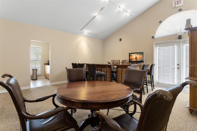 2500 Winding Creek Blvd Unit A104, Clearwater, FL 33761 - dining space featuring track lighting, light colored carpet, lofted ceiling, and baseboards