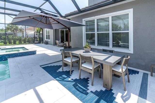 3850 Bonfire Dr, Odessa, FL 33556 - view of patio with outdoor dining area, a lanai, and a pool with connected hot tub
