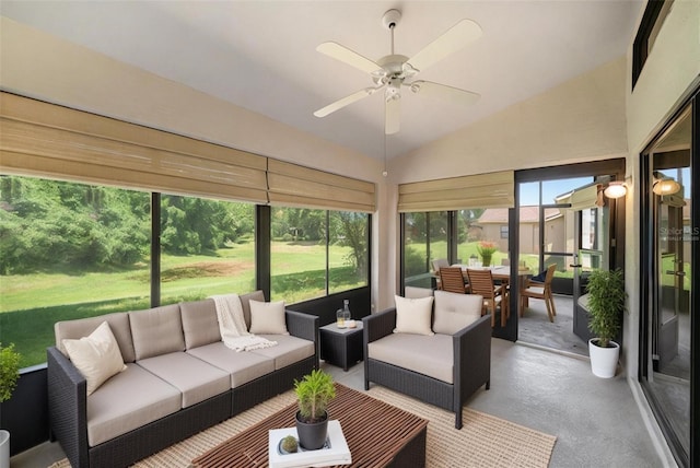 13819 Stoneridge Dr, Hudson, FL 34669 - sunroom / solarium with an outdoor living space, a ceiling fan, vaulted ceiling, and outdoor dining area