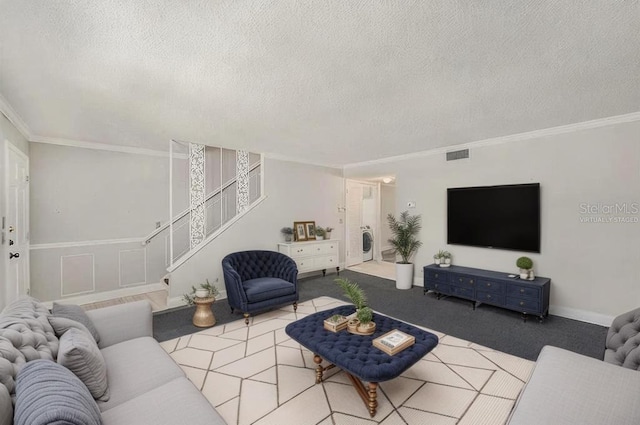 202 Mindy Dr, Largo, FL 33771 - carpeted living area with stairway, washer / clothes dryer, a textured ceiling, and crown molding