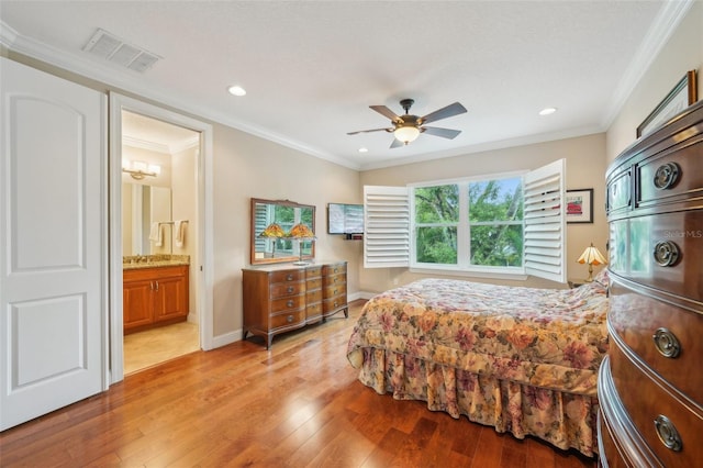 bedroom with light wood-type flooring, recessed lighting, crown molding, baseboards, and a ceiling fan