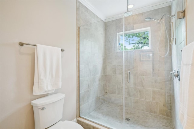 bathroom featuring a stall shower, toilet, and crown molding