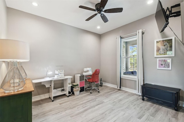 home office featuring wood finished floors, baseboards, ceiling fan, and recessed lighting