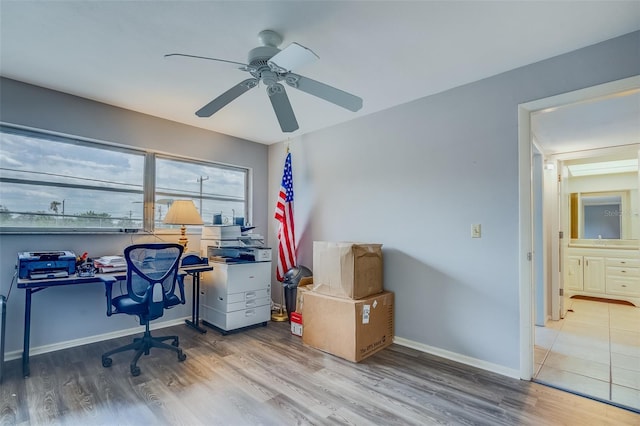 1221 Drew St Unit E12, Clearwater, FL 33755 - home office featuring wood finished floors, a ceiling fan, baseboards, and a sink