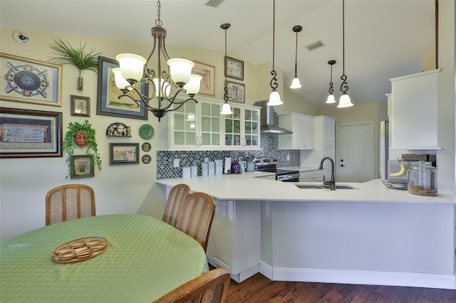 22115 Laver Ln, Land O Lakes, FL 34639 - kitchen with a sink, electric range, a peninsula, a chandelier, and vaulted ceiling