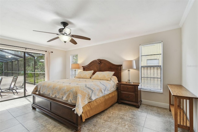 854 Village Way, Palm Harbor, FL 34683 - bedroom with access to exterior, crown molding, baseboards, light tile patterned flooring, and ceiling fan
