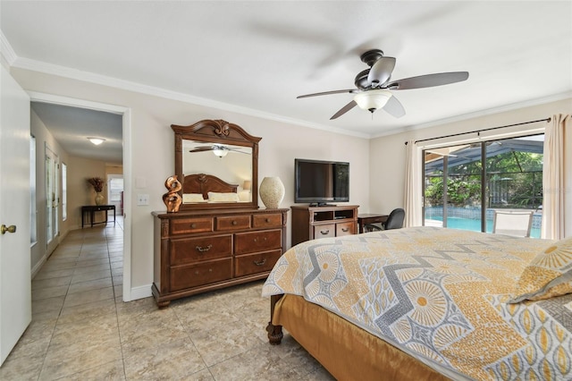 854 Village Way, Palm Harbor, FL 34683 - bedroom featuring access to outside, crown molding, light tile patterned flooring, ceiling fan, and baseboards