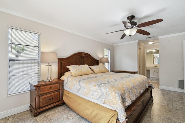 854 Village Way, Palm Harbor, FL 34683 - bedroom featuring baseboards, crown molding, light tile patterned floors, ensuite bathroom, and ceiling fan