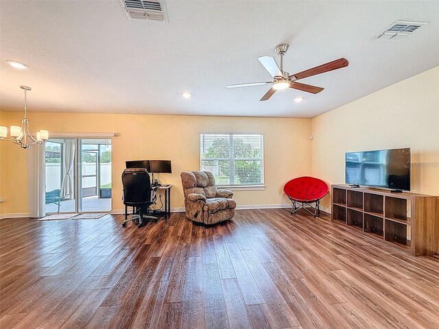 9324 Rally Spring Loop, Wesley Chapel, FL 33545 - sitting room with wood finished floors, a chandelier, healthy amount of natural light, a ceiling fan, and recessed lighting