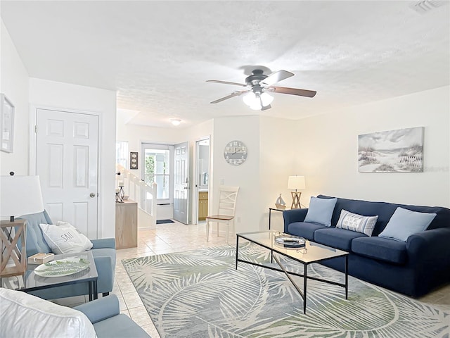11122 W Cove Harbor Dr Unit 112, Crystal River, FL 34428 - living room featuring a ceiling fan, light tile patterned floors, a textured ceiling, and baseboards
