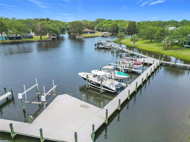 11122 W Cove Harbor Dr Unit 112, Crystal River, FL 34428 - dock area with boat lift, a water view, and view of wooded area