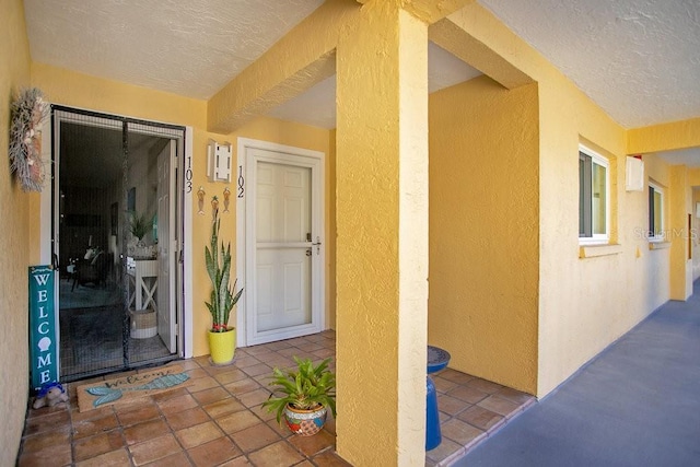 doorway to property with stucco siding