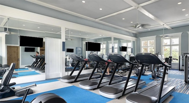 4063 Medicci Ln, Wesley Chapel, FL 33543 - workout area featuring recessed lighting, coffered ceiling, and a ceiling fan