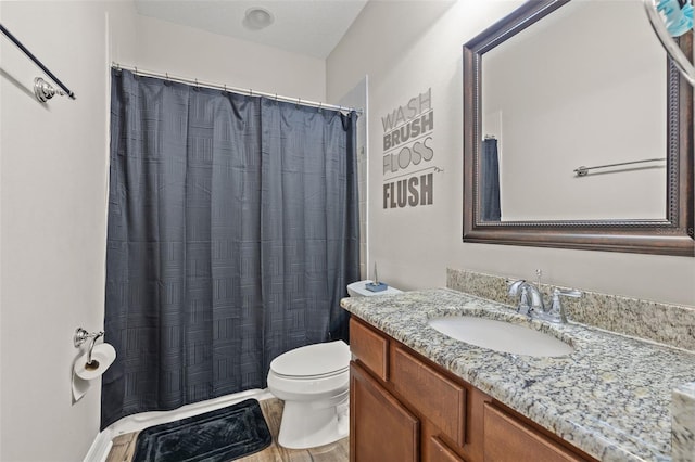 bathroom with toilet, vanity, wood finished floors, and a shower with curtain