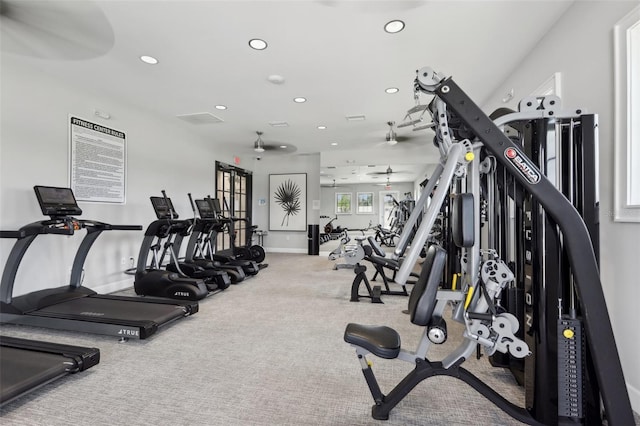 6398 Bar S Bar Trl, Zephyrhills, FL 33541 - workout area with recessed lighting, a ceiling fan, and carpet