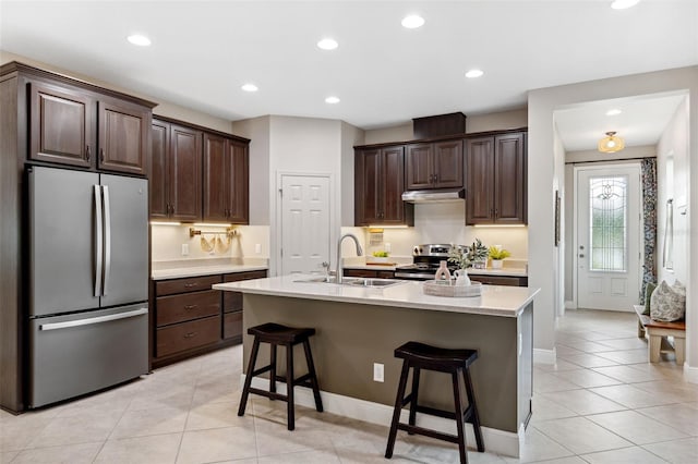 3877 Burdick Loop, Odessa, FL 33556 - kitchen with appliances with stainless steel finishes, a sink, dark brown cabinetry, light countertops, and recessed lighting