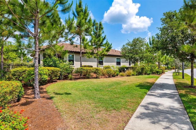 3877 Burdick Loop, Odessa, FL 33556 - view of home's exterior featuring stucco siding, a tiled roof, and a lawn