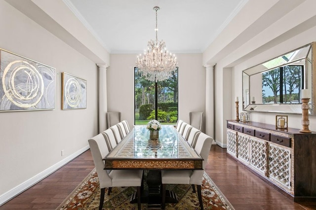 17124 Crawley Rd, Odessa, FL 33556 - dining area with a chandelier, plenty of natural light, dark wood finished floors, crown molding, and ornate columns