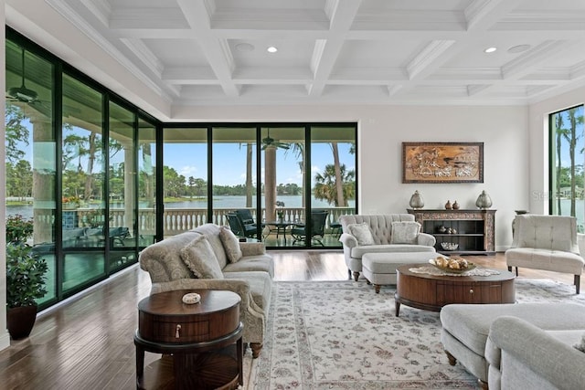 17124 Crawley Rd, Odessa, FL 33556 - living room with wood finished floors, coffered ceiling, beam ceiling, recessed lighting, and a water view