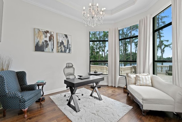 17124 Crawley Rd, Odessa, FL 33556 - office space with crown molding, a chandelier, dark wood-style floors, a tray ceiling, and a water view