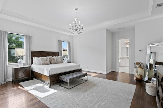 17124 Crawley Rd, Odessa, FL 33556 - bedroom with a raised ceiling, a chandelier, dark wood-type flooring, and ornamental molding