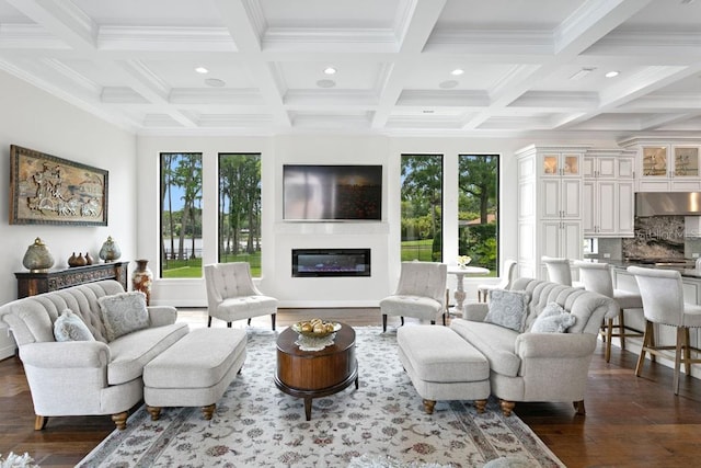 17124 Crawley Rd, Odessa, FL 33556 - living room with recessed lighting, dark wood finished floors, healthy amount of natural light, beam ceiling, and a glass covered fireplace