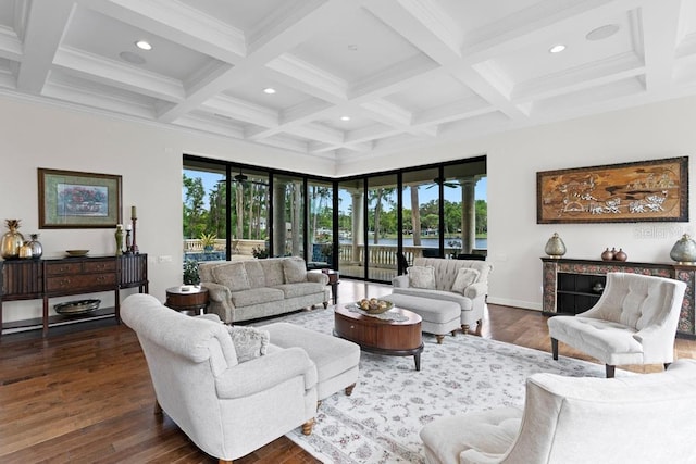 17124 Crawley Rd, Odessa, FL 33556 - living room with recessed lighting, coffered ceiling, beamed ceiling, dark wood finished floors, and ornamental molding