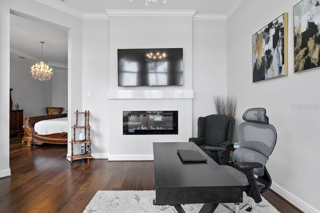 17124 Crawley Rd, Odessa, FL 33556 - office featuring a glass covered fireplace, wood finished floors, crown molding, baseboards, and a chandelier