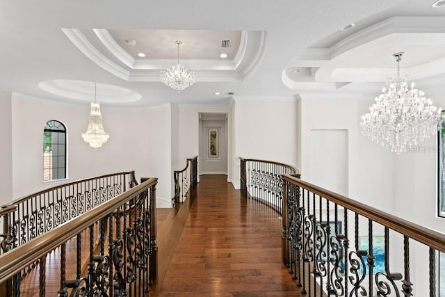 17124 Crawley Rd, Odessa, FL 33556 - corridor with a chandelier, an upstairs landing, dark wood-type flooring, ornamental molding, and recessed lighting