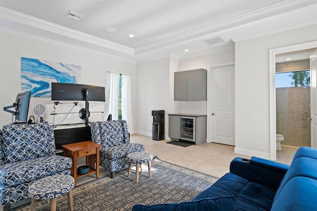 17124 Crawley Rd, Odessa, FL 33556 - living area with ornamental molding, recessed lighting, baseboards, light tile patterned flooring, and beverage cooler