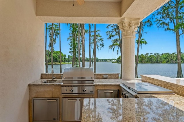 17124 Crawley Rd, Odessa, FL 33556 - view of patio / terrace with a sink, a water view, and a ceiling fan