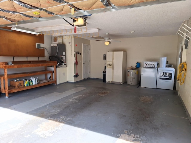 3357 Hunt Club Dr, Clearwater, FL 33761 - garage featuring white refrigerator with ice dispenser, washing machine and dryer, water heater, heating unit, and a ceiling fan