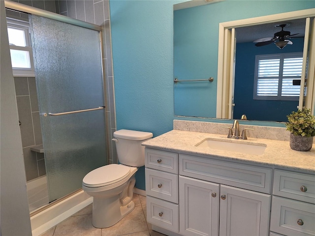 3357 Hunt Club Dr, Clearwater, FL 33761 - bathroom with vanity, toilet, a stall shower, tile patterned flooring, and ceiling fan