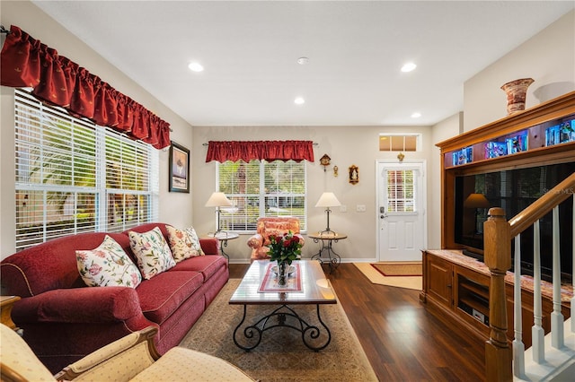 20039 Heritage Point Dr, Tampa, FL 33647 - living room with dark wood-style floors, recessed lighting, baseboards, and stairway