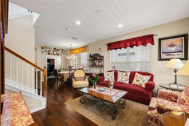 20039 Heritage Point Dr, Tampa, FL 33647 - living area with a chandelier, wood finished floors, stairs, and recessed lighting