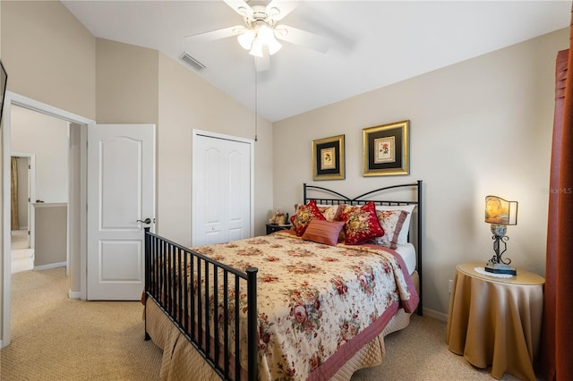 20039 Heritage Point Dr, Tampa, FL 33647 - bedroom featuring light carpet, lofted ceiling, baseboards, a closet, and a ceiling fan