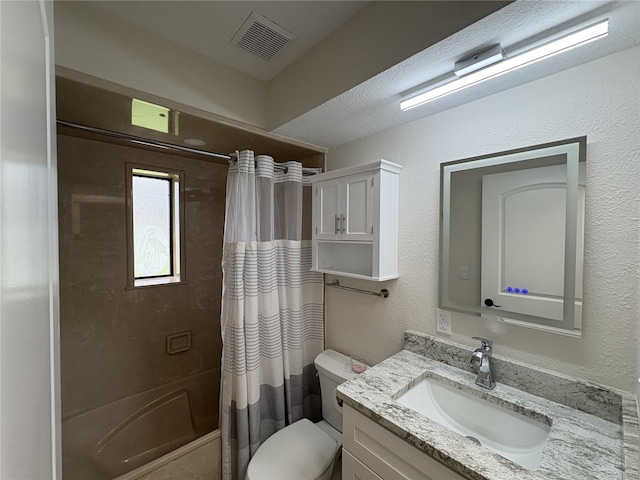 6533 Brentwood Dr, Zephyrhills, FL 33542 - bathroom with toilet, shower / bathtub combination with curtain, vanity, and a textured wall