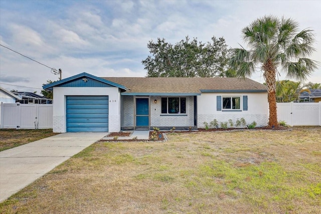 single story home with brick siding, a garage, driveway, and a gate