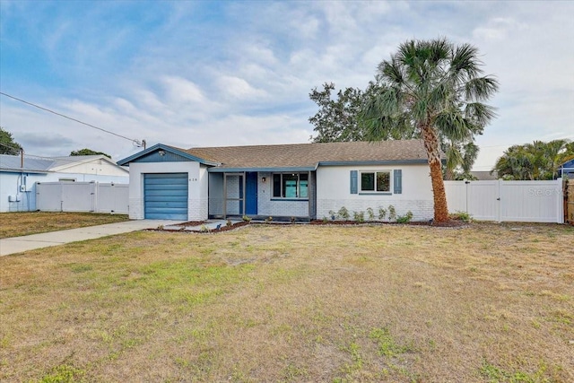 ranch-style home with concrete driveway, an attached garage, a gate, a porch, and brick siding