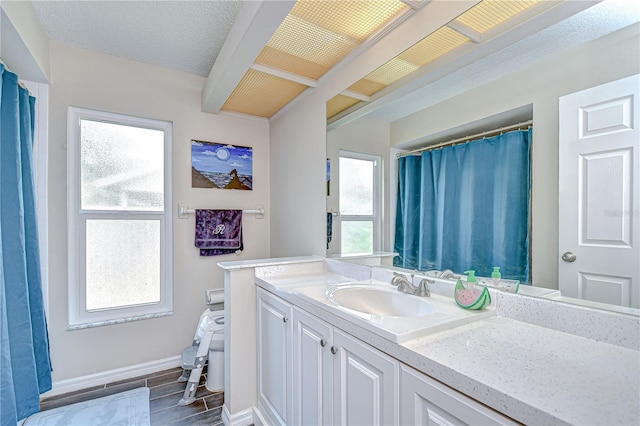2020 Elk Spring Dr, Brandon, FL 33511 - full bath with wood finished floors, plenty of natural light, vanity, and beam ceiling