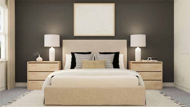 bedroom featuring light carpet and baseboards