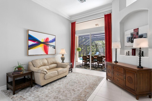 17318 Emerald Chase Dr, Tampa, FL 33647 - living room with light tile patterned floors and crown molding