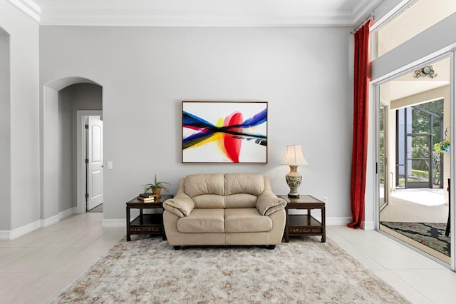 17318 Emerald Chase Dr, Tampa, FL 33647 - tiled living room featuring arched walkways, baseboards, and ornamental molding