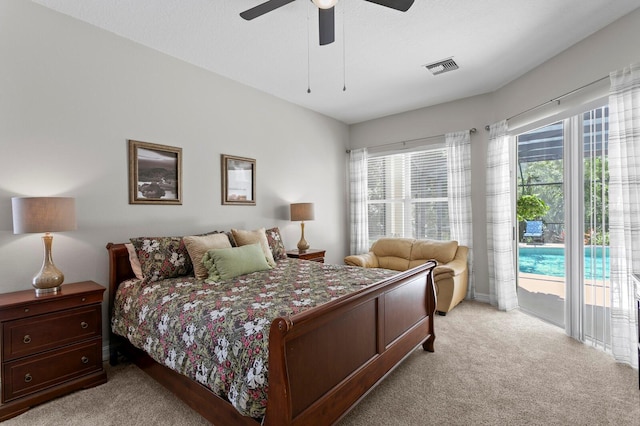 17318 Emerald Chase Dr, Tampa, FL 33647 - bedroom with access to exterior, multiple windows, light colored carpet, and ceiling fan