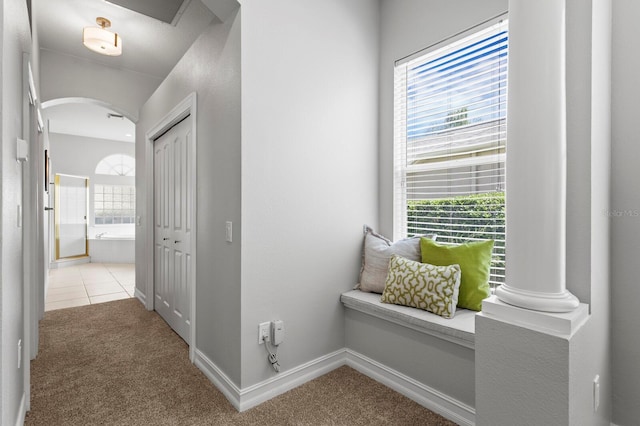 17318 Emerald Chase Dr, Tampa, FL 33647 - hall with arched walkways, light colored carpet, light tile patterned floors, and baseboards
